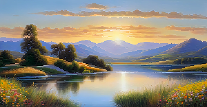 A serene landscape with rolling hills, vibrant wildflowers in the foreground, a calm river reflecting the sunset, and majestic mountains in the background.