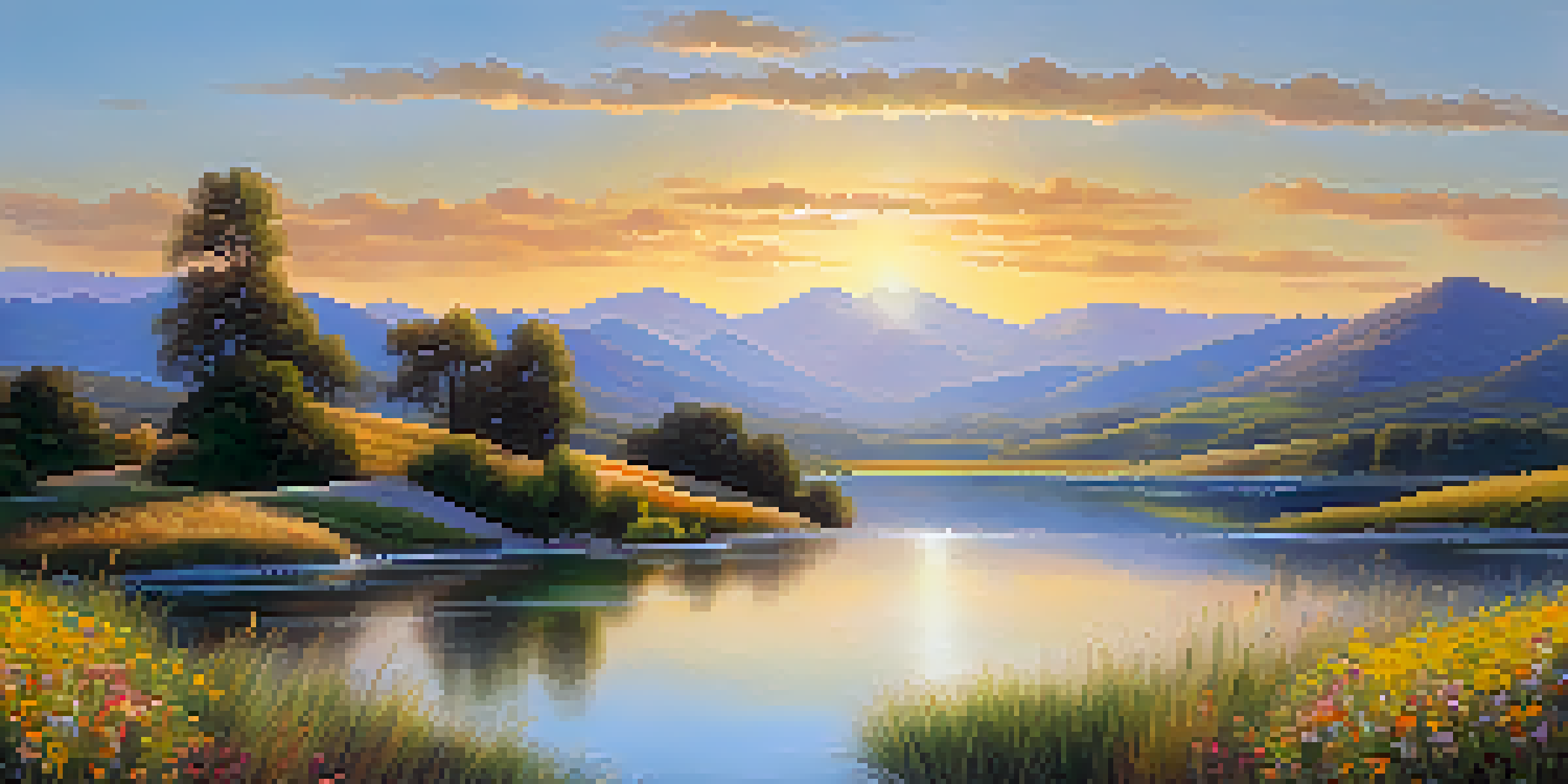 A serene landscape with rolling hills, vibrant wildflowers in the foreground, a calm river reflecting the sunset, and majestic mountains in the background.