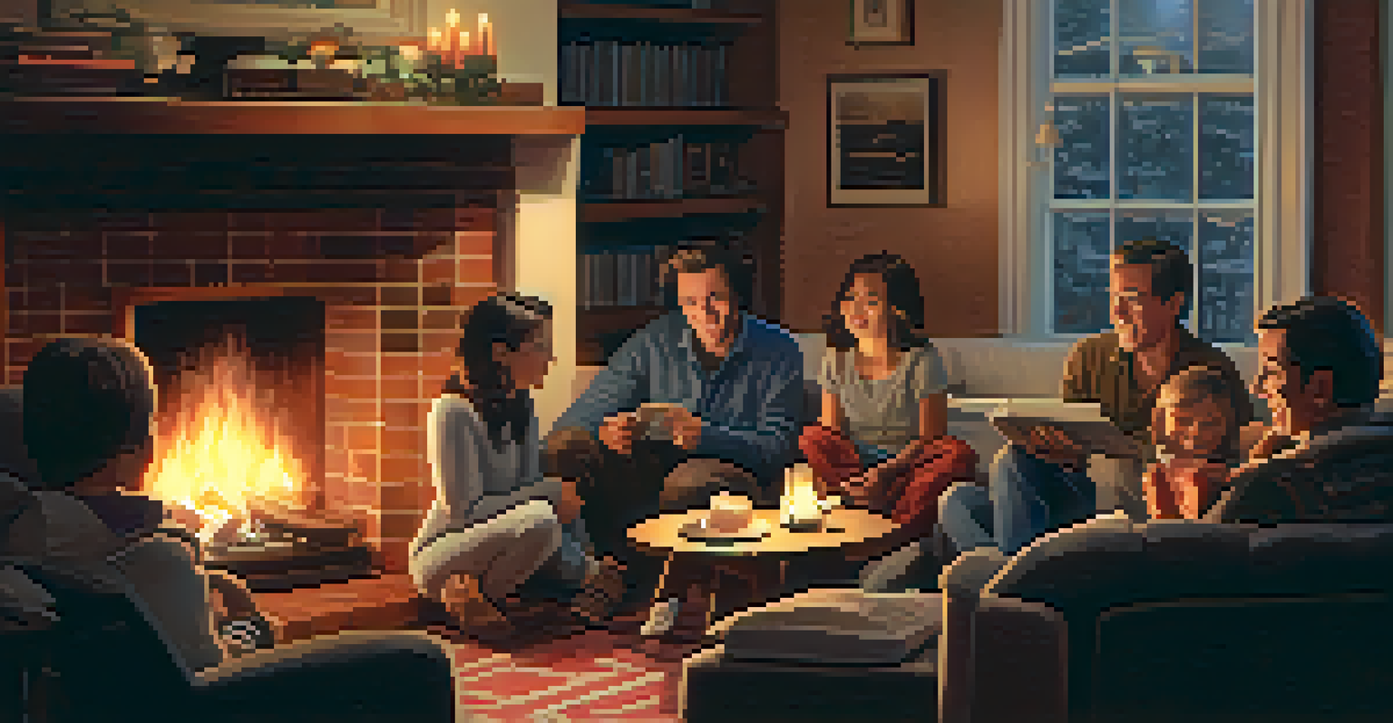 A family gathering around a fireplace, sharing stories and laughter, with soft lighting and a record player in the corner.