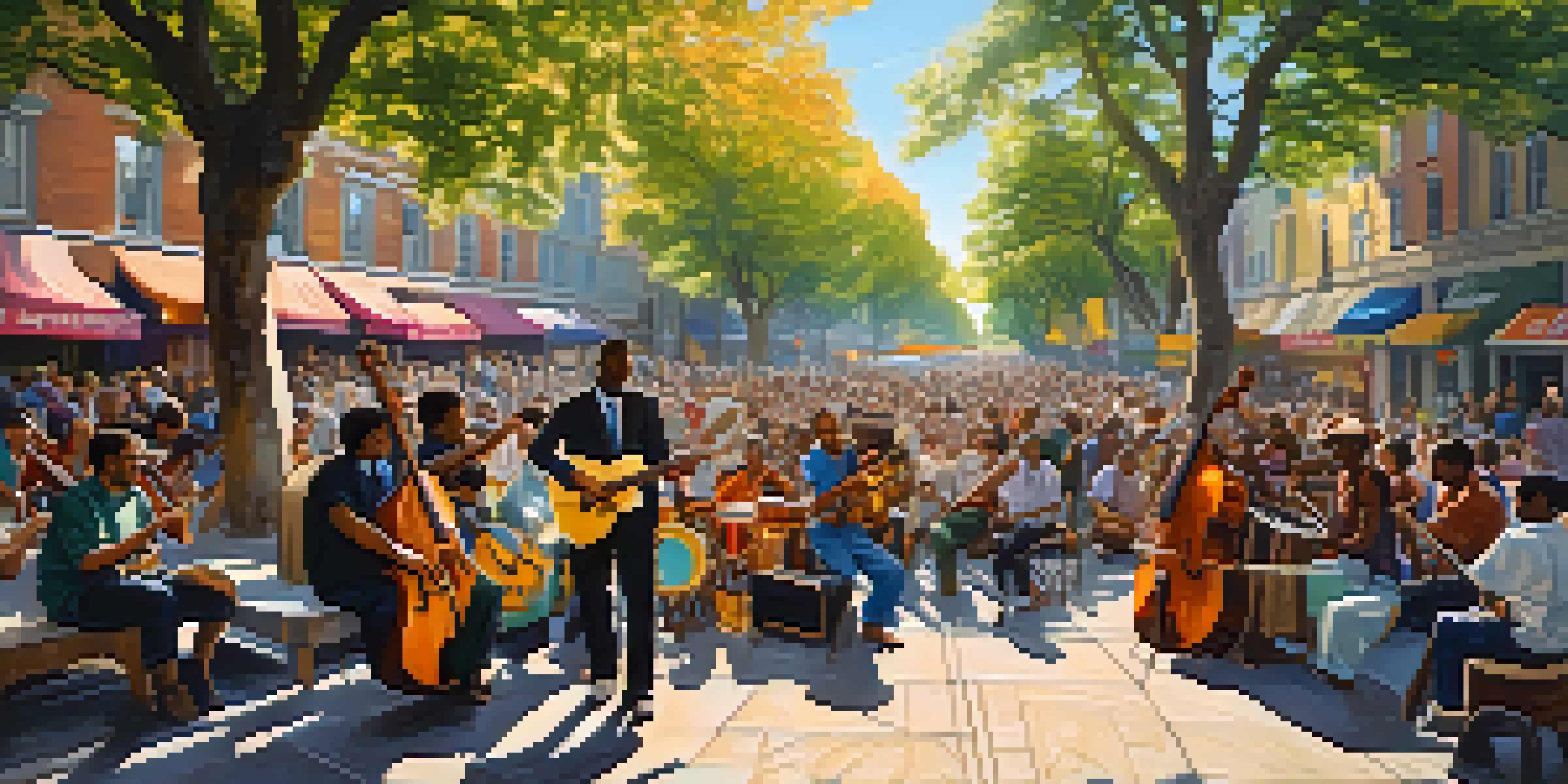A lively street scene with musicians and a diverse crowd, showcasing a sense of community and social awareness.