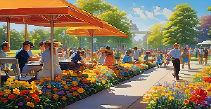 A lively park filled with colorful flowers, people enjoying music, and bright sunshine illuminating the scene.