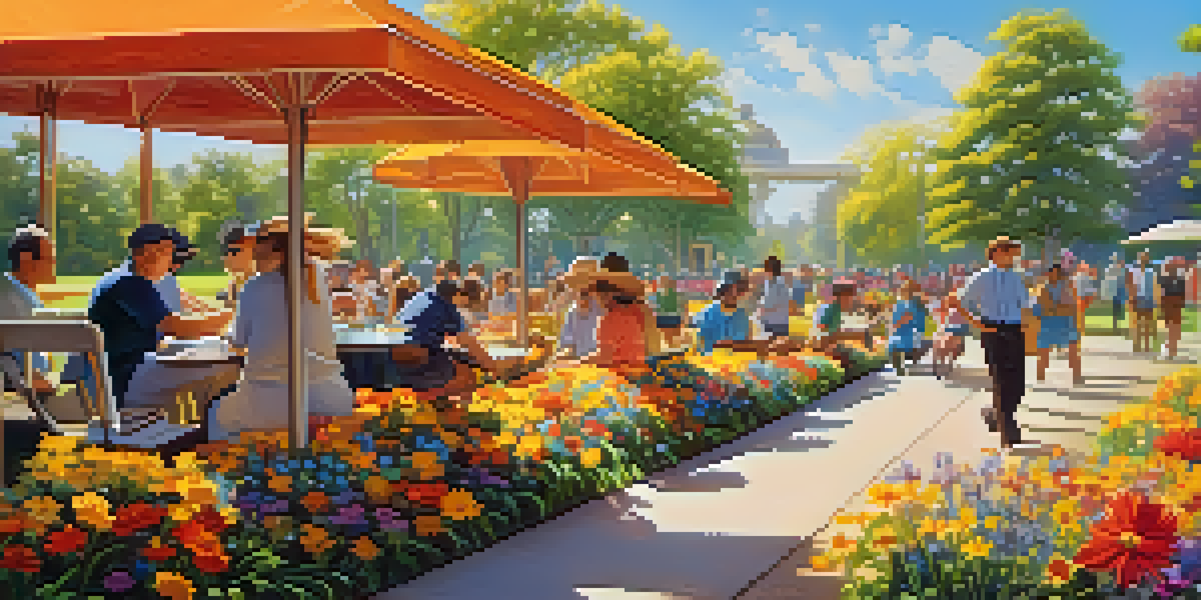 A lively park filled with colorful flowers, people enjoying music, and bright sunshine illuminating the scene.