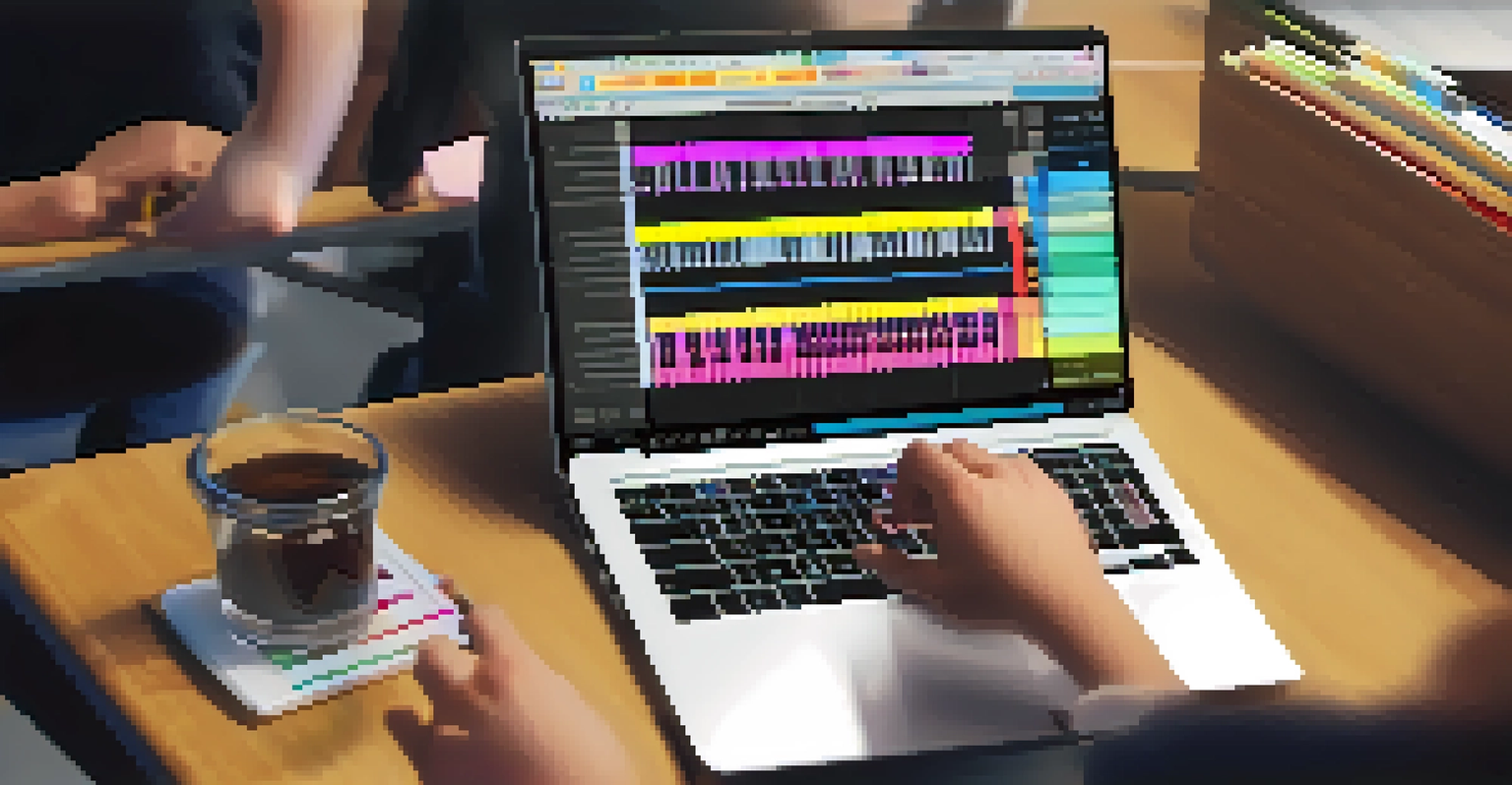 A close-up view of a music teacher showing digital composition software to students, with a colorful music score displayed on the laptop screen.