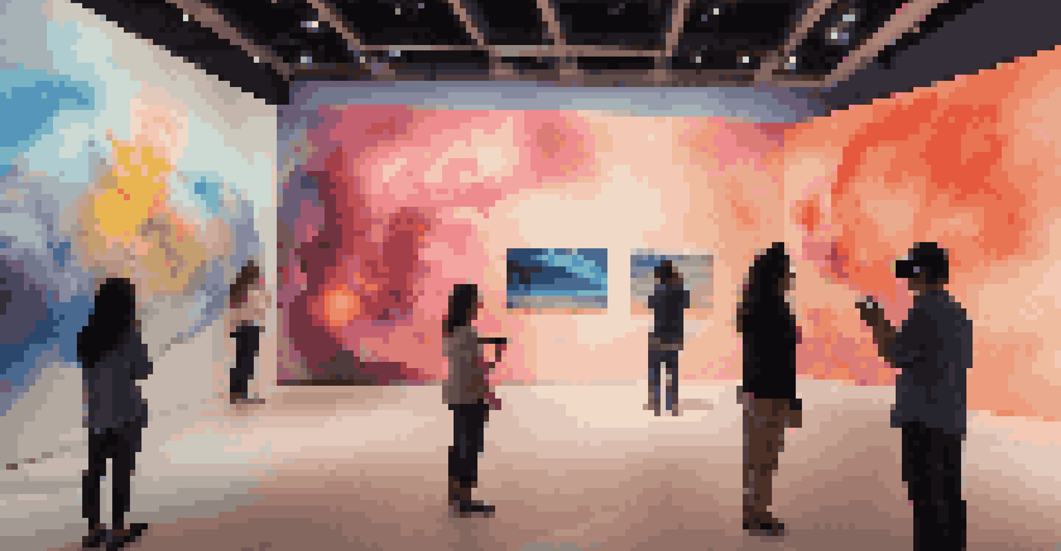 A virtual reality gallery with animated paintings and sound, where visitors interact with glowing artworks.