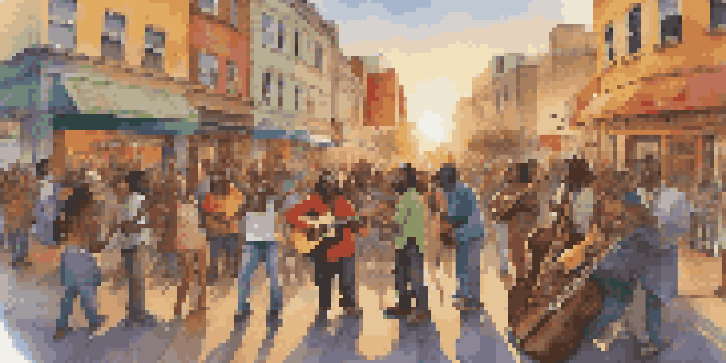 A diverse group of musicians performing in a lively public square, surrounded by an engaged audience and colorful banners promoting peace and social justice.