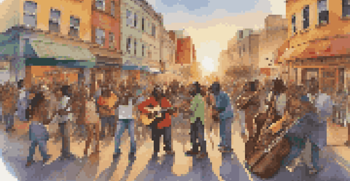 A diverse group of musicians performing in a lively public square, surrounded by an engaged audience and colorful banners promoting peace and social justice.