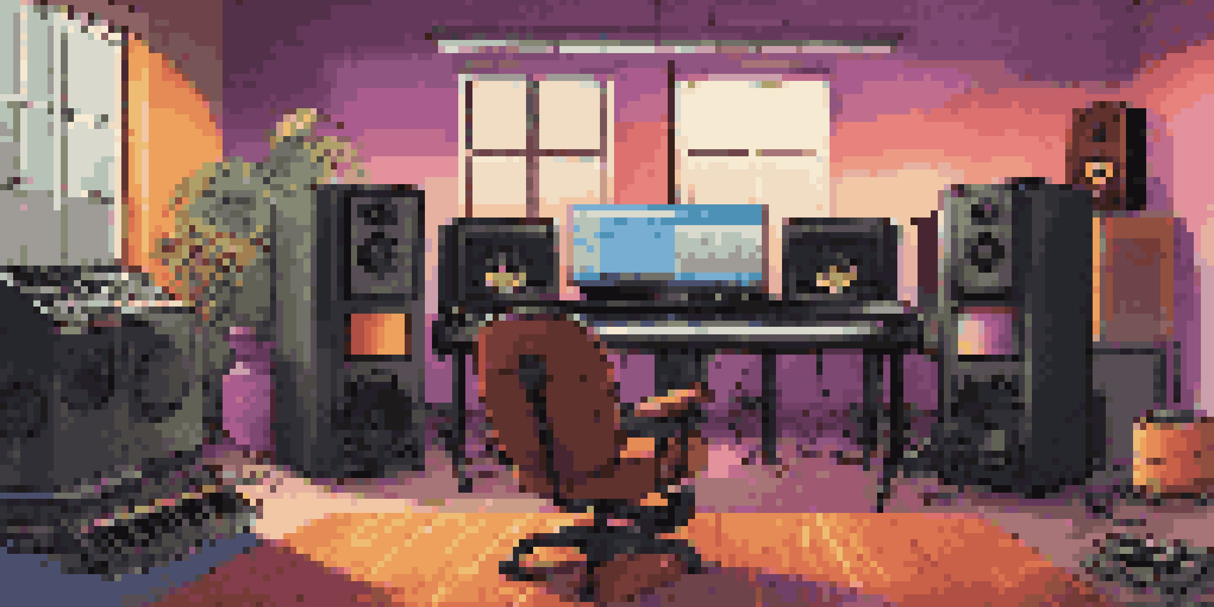 A colorful music production studio with instruments and a digital audio workstation, illuminated by warm lighting.