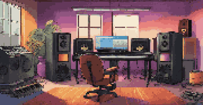 A colorful music production studio with instruments and a digital audio workstation, illuminated by warm lighting.