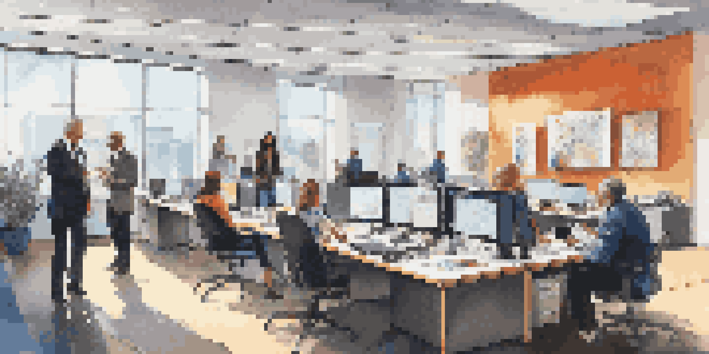 A lively office scene with diverse professionals working together on music rights administration, surrounded by modern technology and artwork.