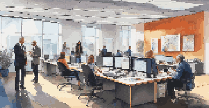 A lively office scene with diverse professionals working together on music rights administration, surrounded by modern technology and artwork.