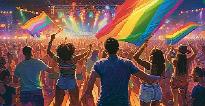 A lively music festival with transgender artists performing on stage, surrounded by a diverse crowd celebrating with rainbow flags.