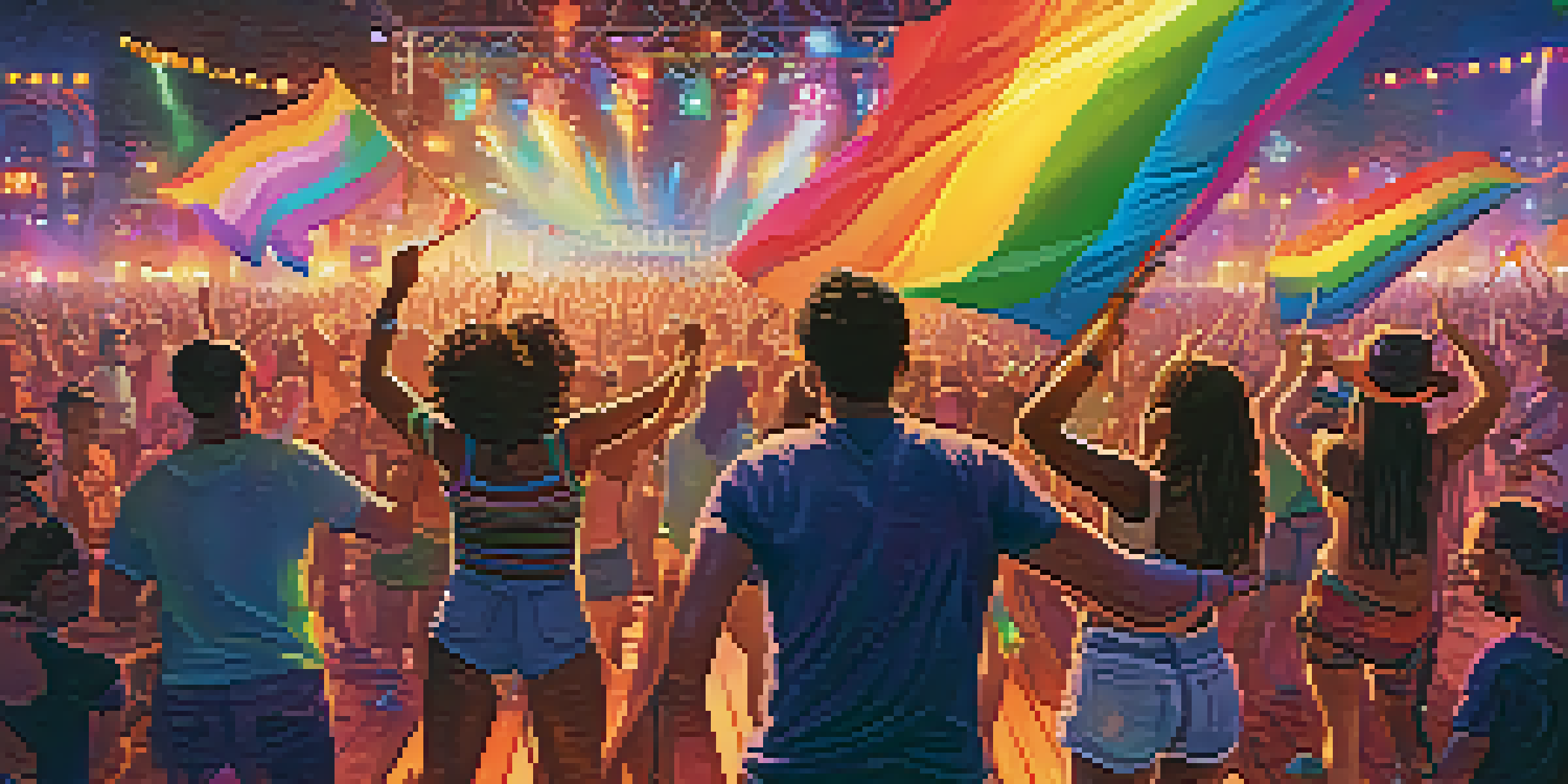 A lively music festival with transgender artists performing on stage, surrounded by a diverse crowd celebrating with rainbow flags.