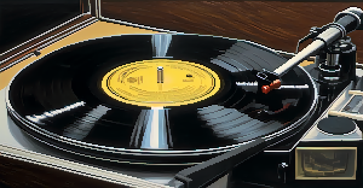 A close-up of a vintage record player with a spinning vinyl record, illuminated by warm light.