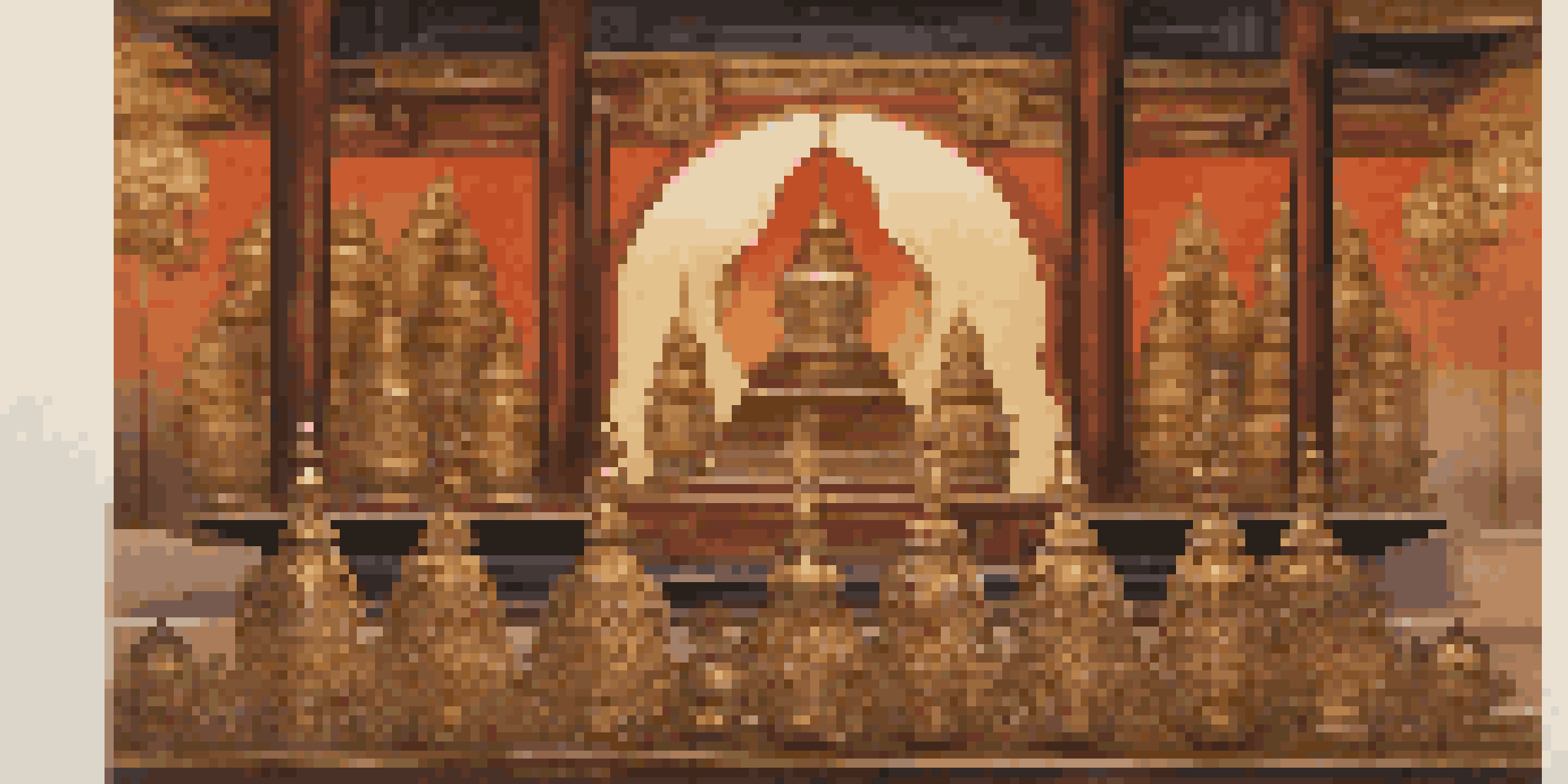 A detailed view of a saron instrument with intricate carvings, set against a blurred background of a gamelan ensemble.