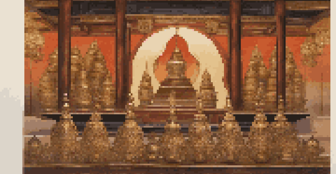 A detailed view of a saron instrument with intricate carvings, set against a blurred background of a gamelan ensemble.