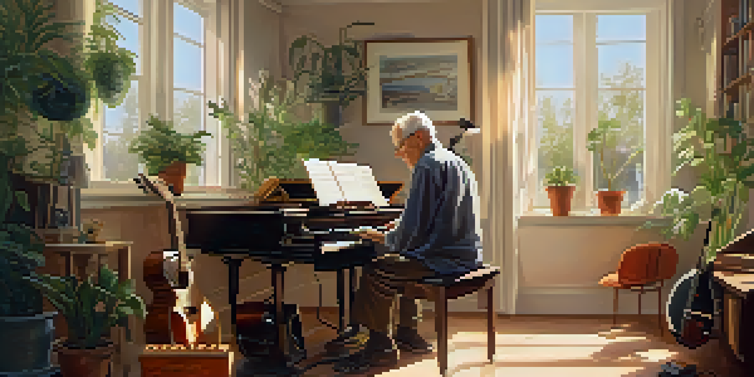 An elderly man smiling in a sunlit room with musical instruments around him, listening to music through headphones.