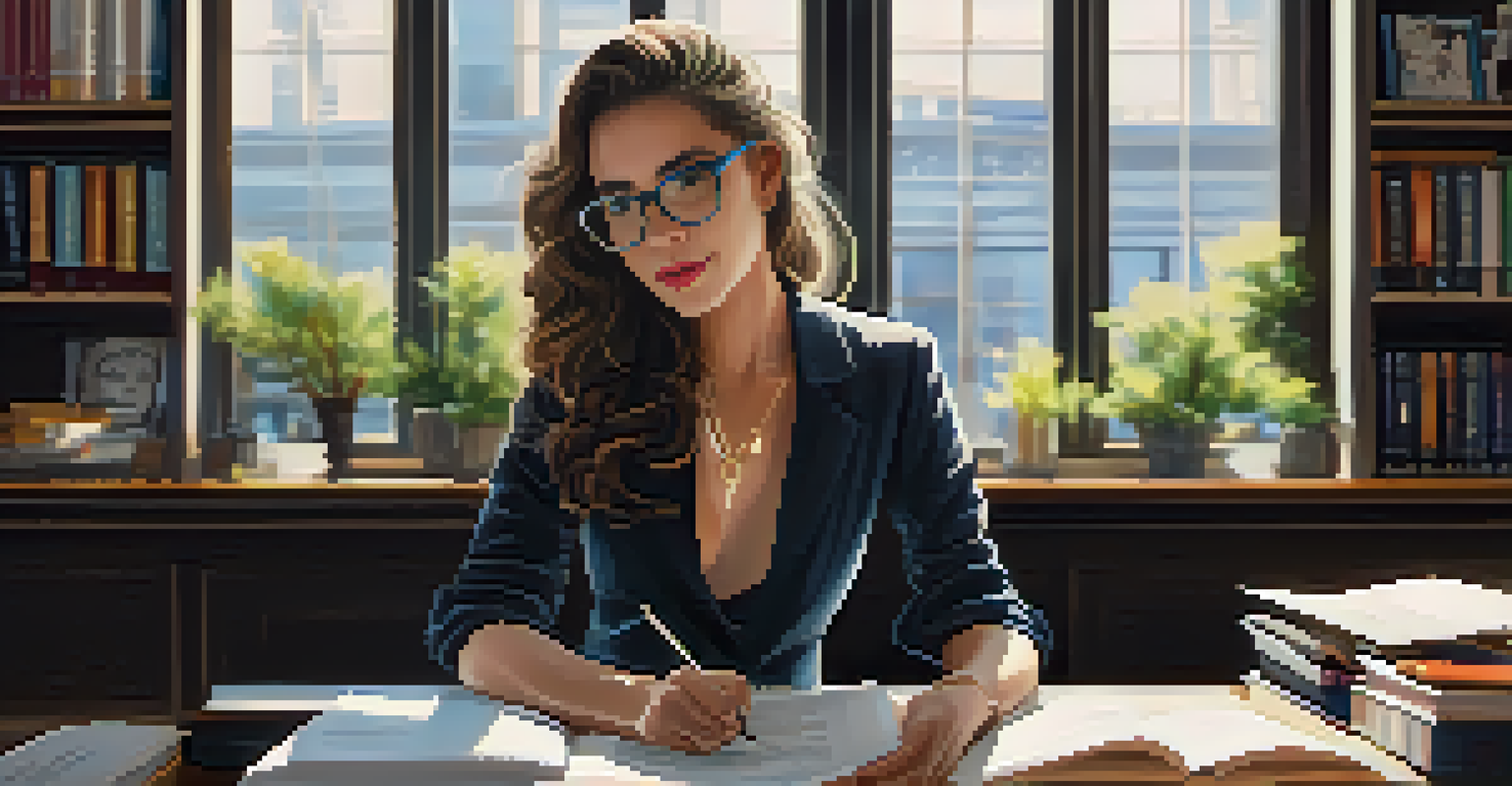 An A&R professional reviewing artist portfolios on a tablet in a stylish office, with books and awards in the background.