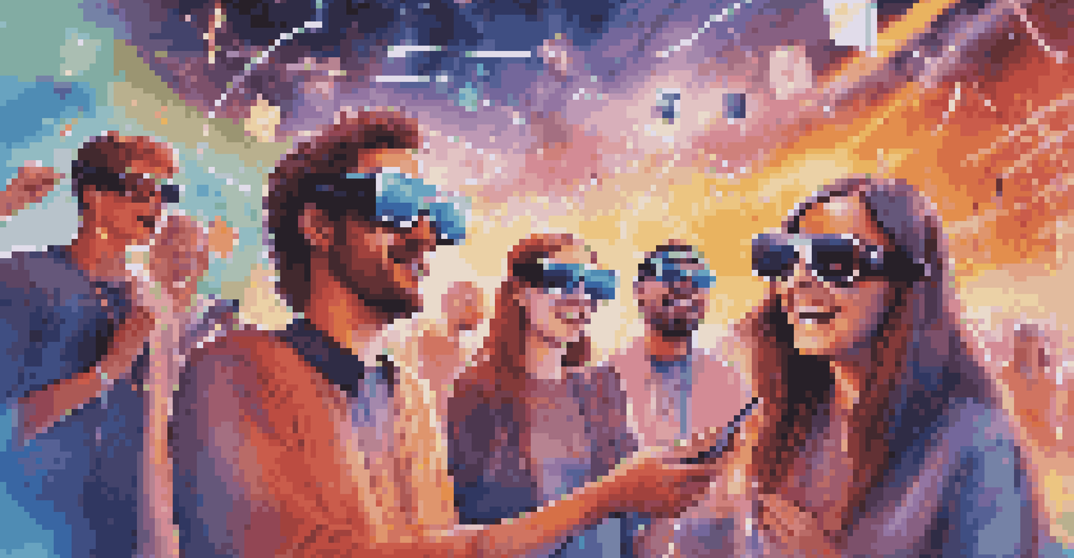 Fans wearing augmented reality glasses, engaging with virtual music elements at a colorful outdoor festival.