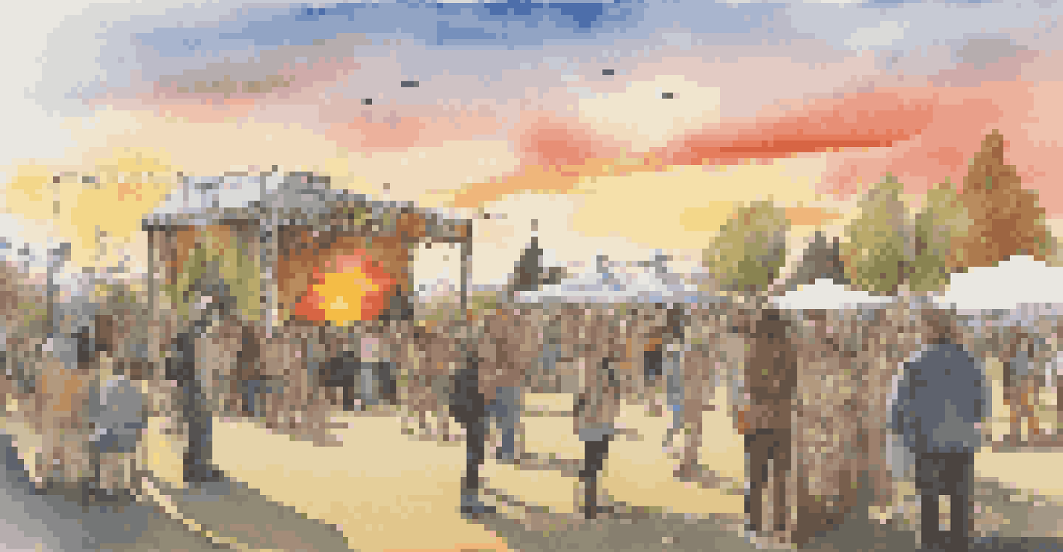 An artistic installation made from recycled materials at a music festival, focusing on climate change awareness, with attendees engaging with the art.