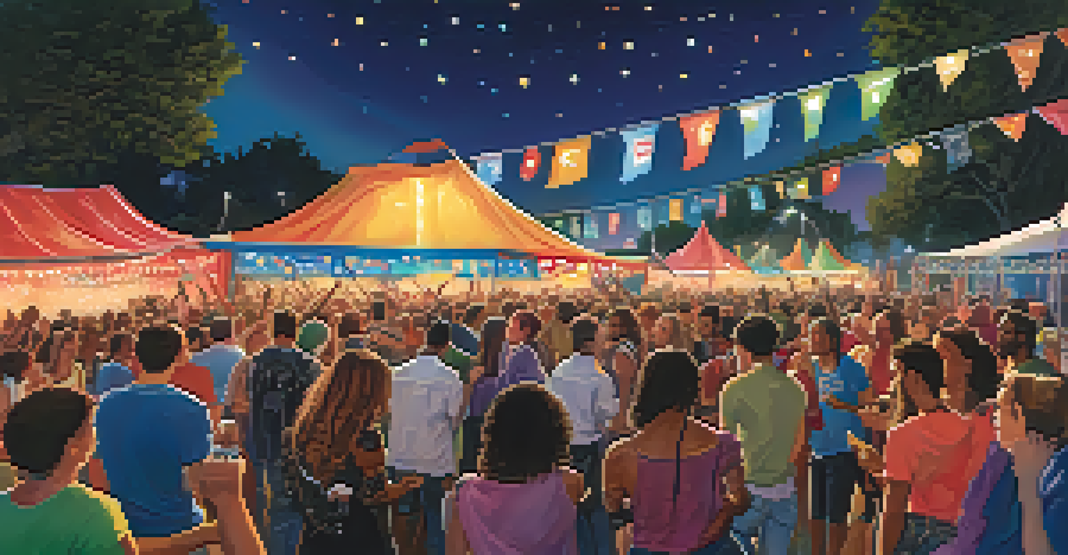 An outdoor music festival with diverse artists performing on stage, surrounded by an engaged crowd and colorful lights.