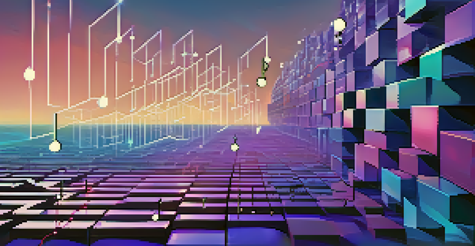 A creative visual of blockchain technology with interconnected blocks and musical notes against a blue and purple gradient background.