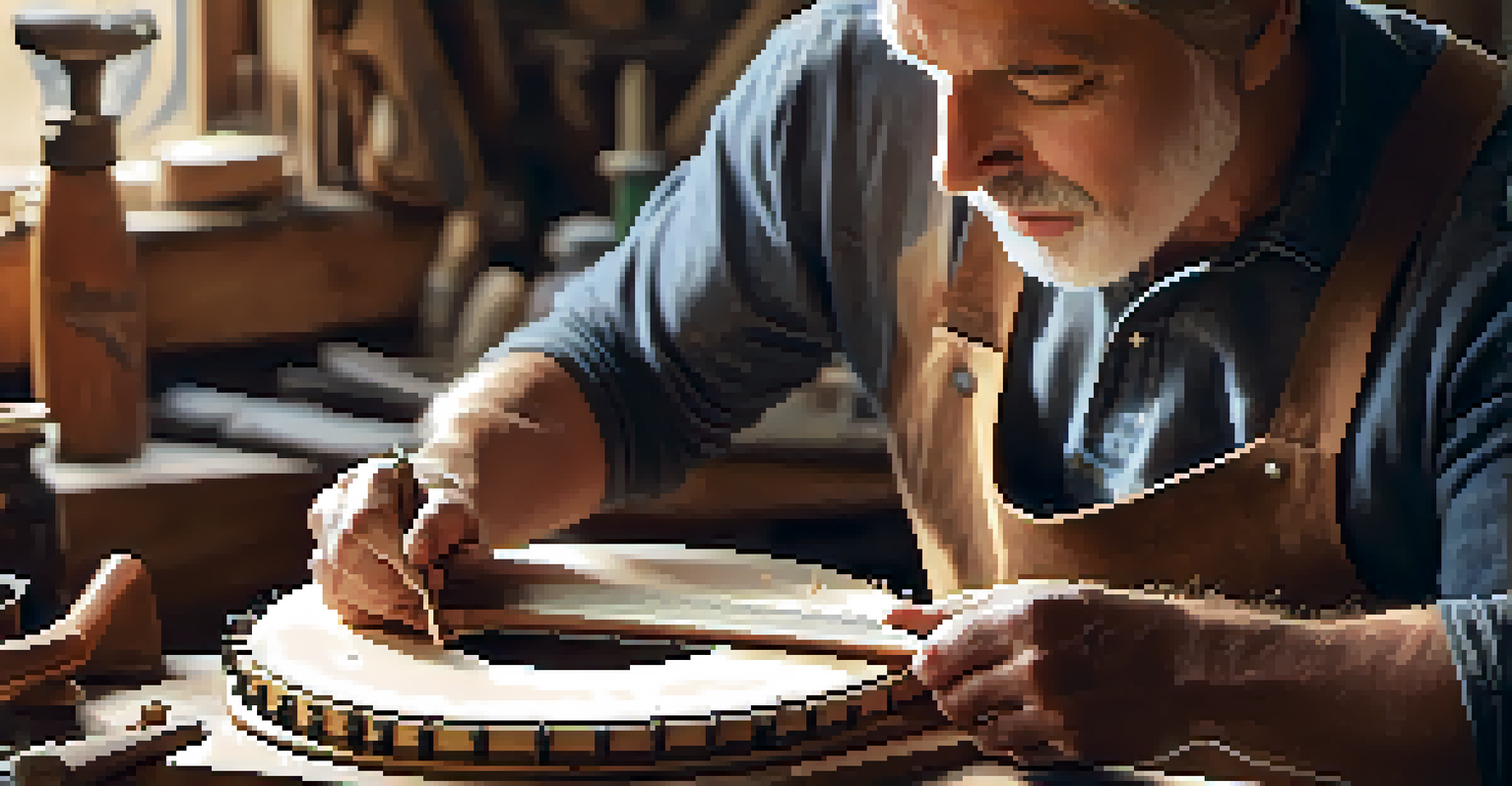 An artisan crafting a wooden banjo in a sunlit workshop, showcasing the craftsmanship.