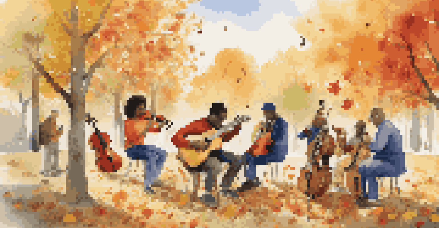 A diverse group of musicians joyfully playing instruments outdoors, with a piccolo featured prominently.