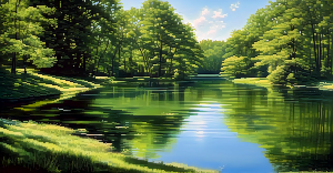 A peaceful lake scene with greenery and sunlight reflecting on the water.