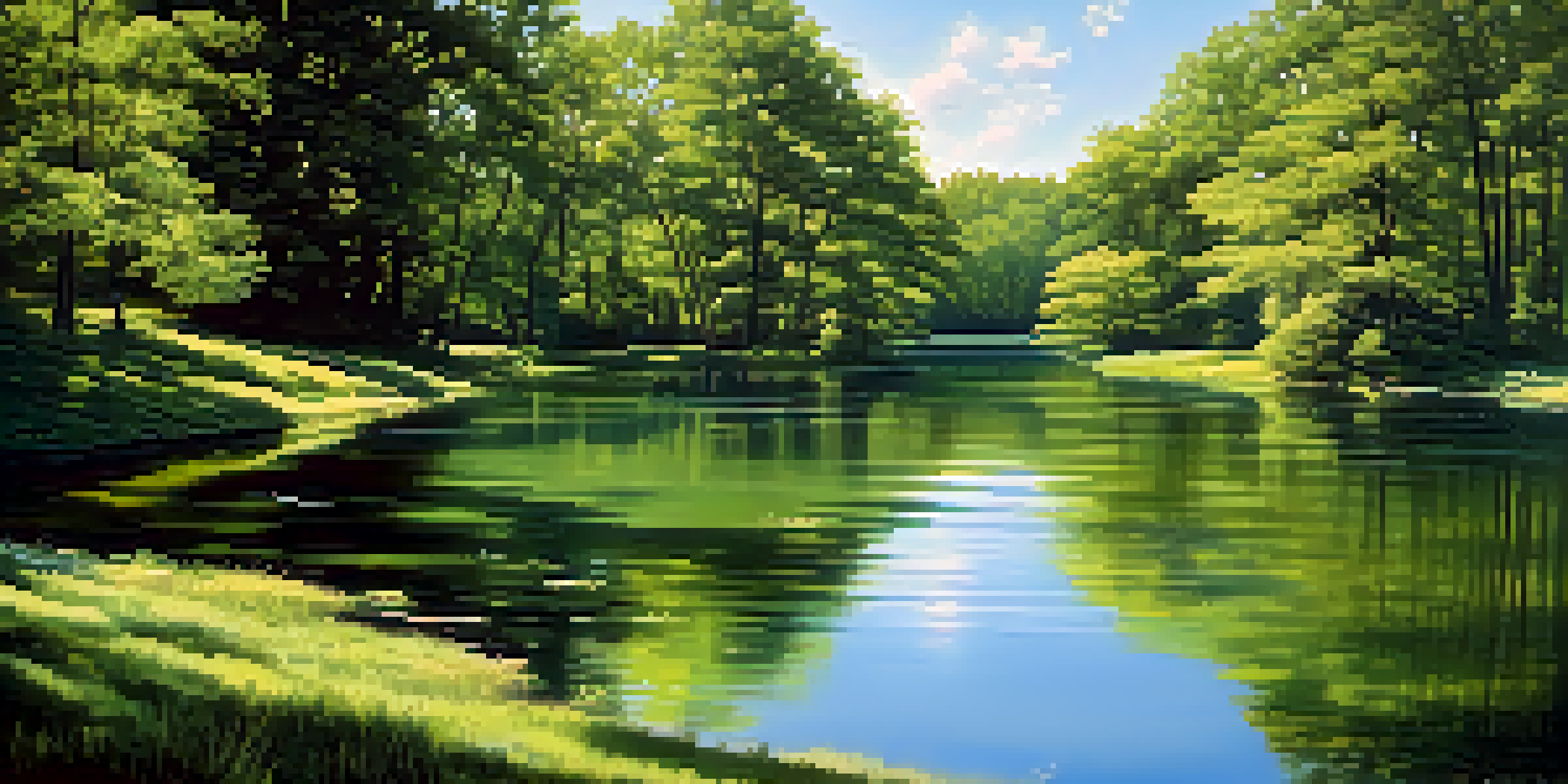 A peaceful lake scene with greenery and sunlight reflecting on the water.