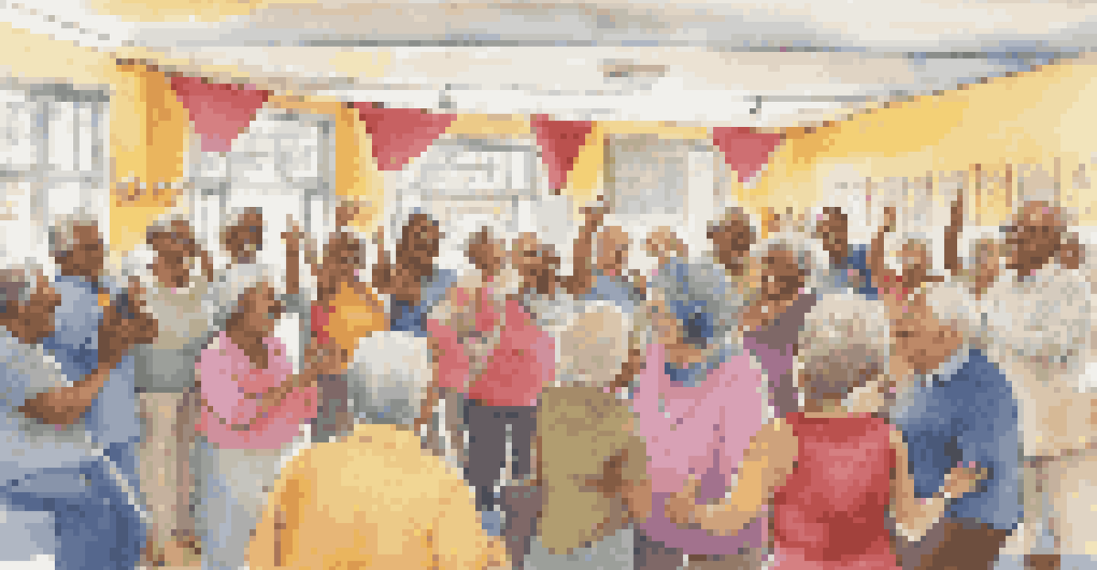 A group of elderly individuals engaging in a joyful sing-along session at a community center.