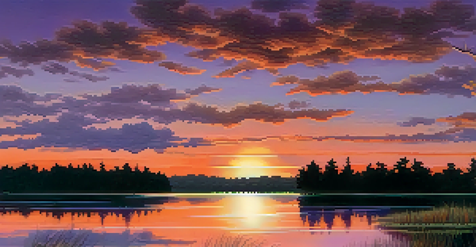 A peaceful sunset over a calm lake, with colorful reflections and silhouetted trees.