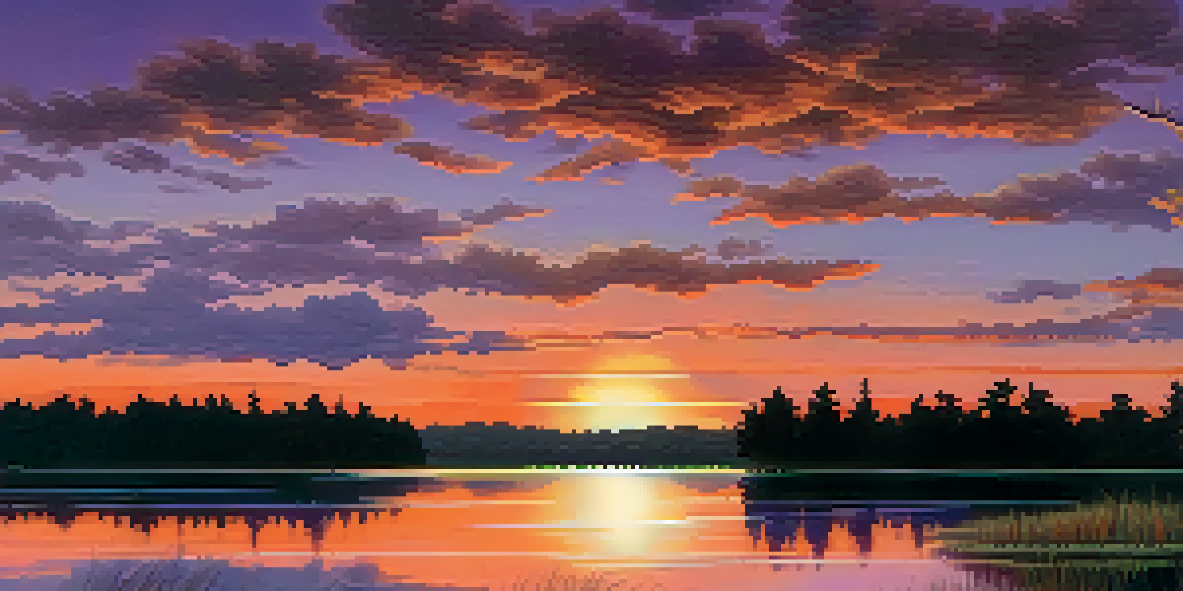 A peaceful sunset over a calm lake, with colorful reflections and silhouetted trees.