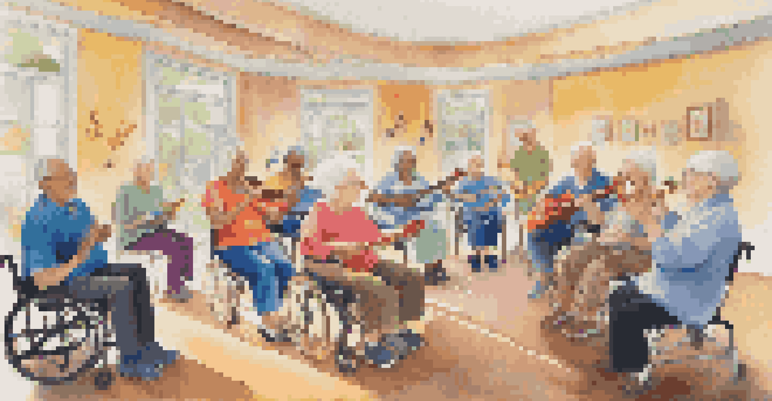 A music therapy session in a nursing home, where residents participate in a sing-along with instruments, showcasing joy and engagement.