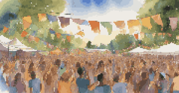 A lively outdoor music festival with diverse people singing together in a sunset setting, musicians on stage, and colorful decorations.