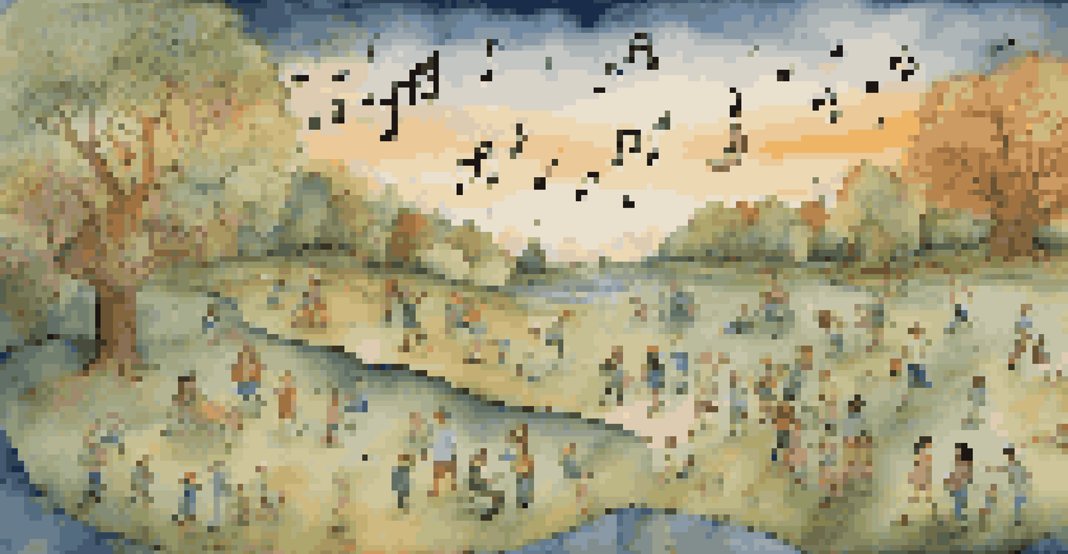 An artistic memory map with musical notes and illustrations of significant life events.