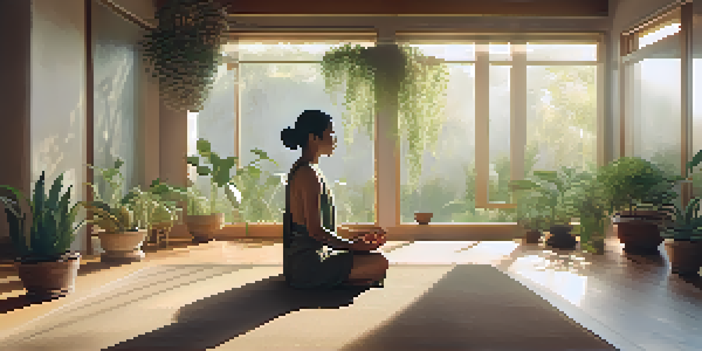 A person meditating in a bright room with plants, a singing bowl nearby, and soft light filtering through curtains.