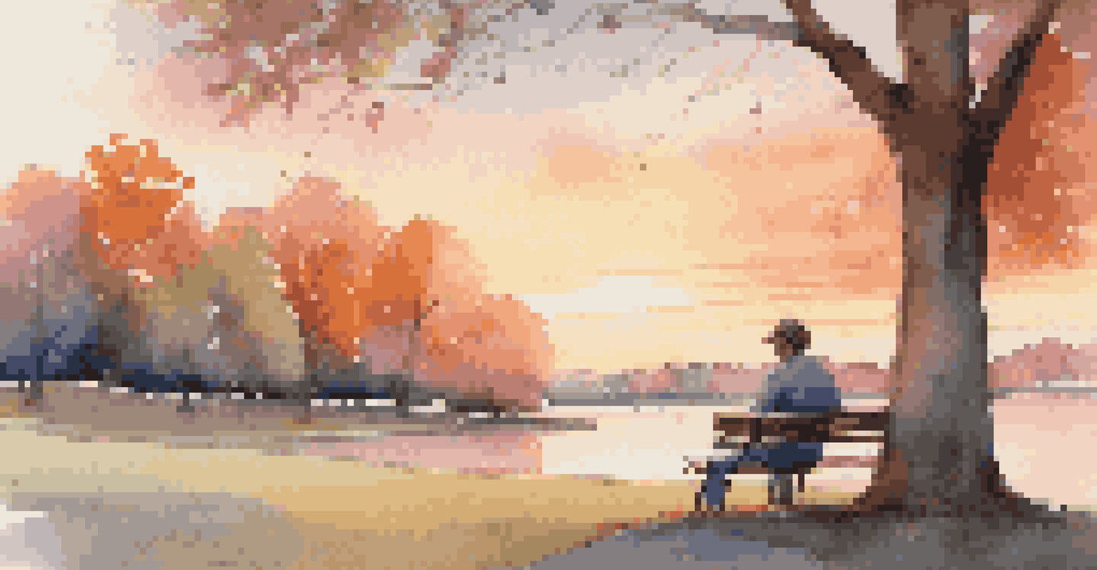 A person sitting on a bench in a park at sunset, enjoying music with eyes closed, surrounded by trees and a colorful sky.