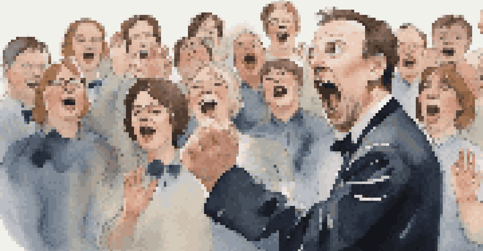 A conductor passionately guiding a choir during an improvisational session, highlighting the connection between movement and music.