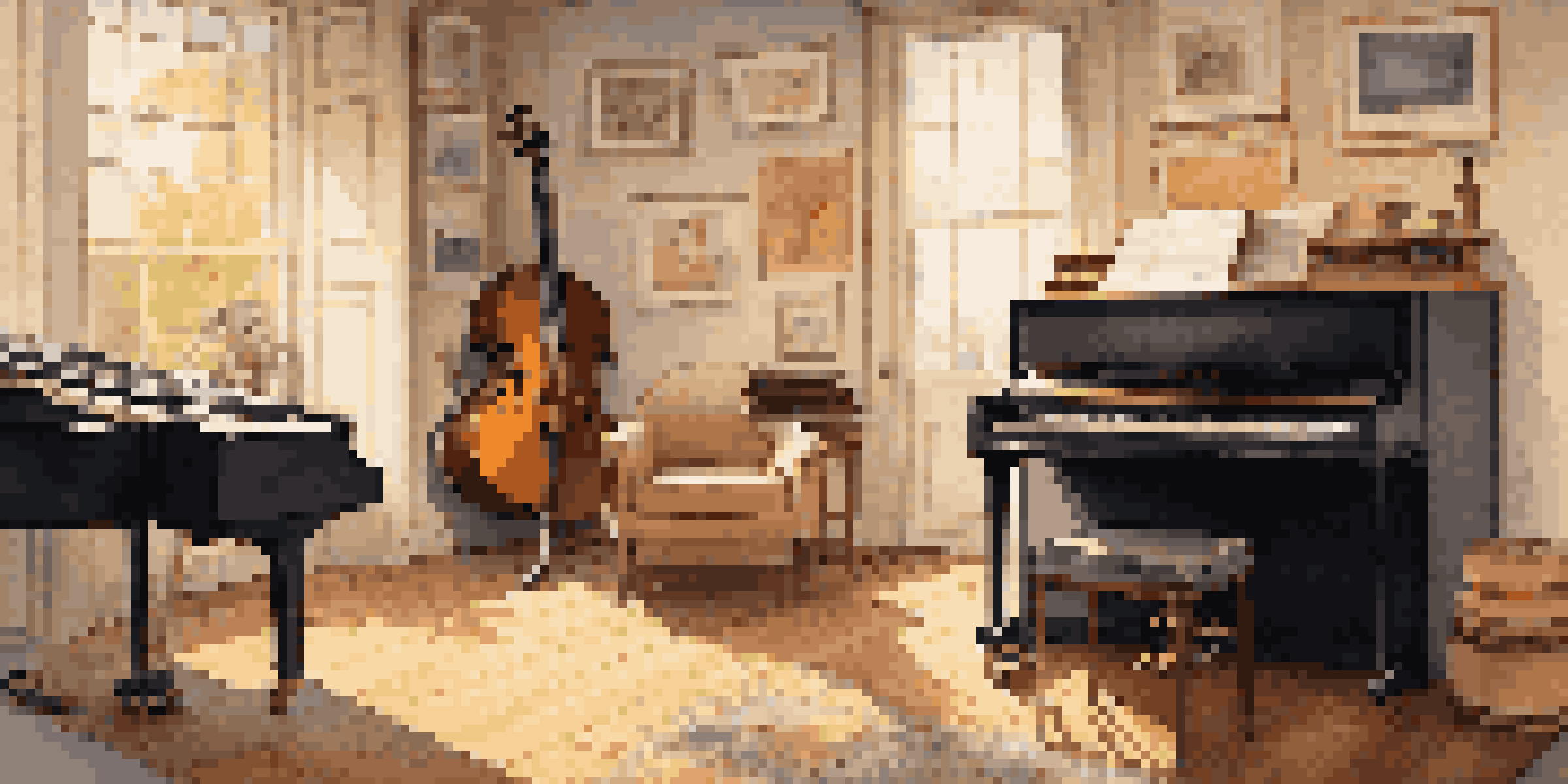 A cozy music room with a grand piano, guitar, and microphone stand, illuminated by soft light from a window.