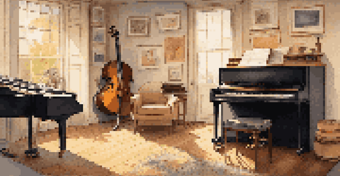 A cozy music room with a grand piano, guitar, and microphone stand, illuminated by soft light from a window.