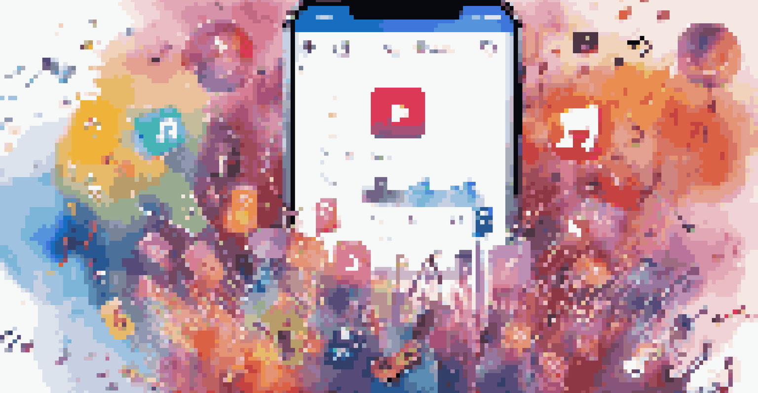 A smartphone showing a music app with colorful graphics representing social media trends and music notes in the background.