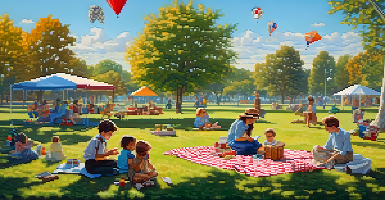 An outdoor picnic scene with a checkered blanket, a wicker basket, and children playing, evoking childhood memories.