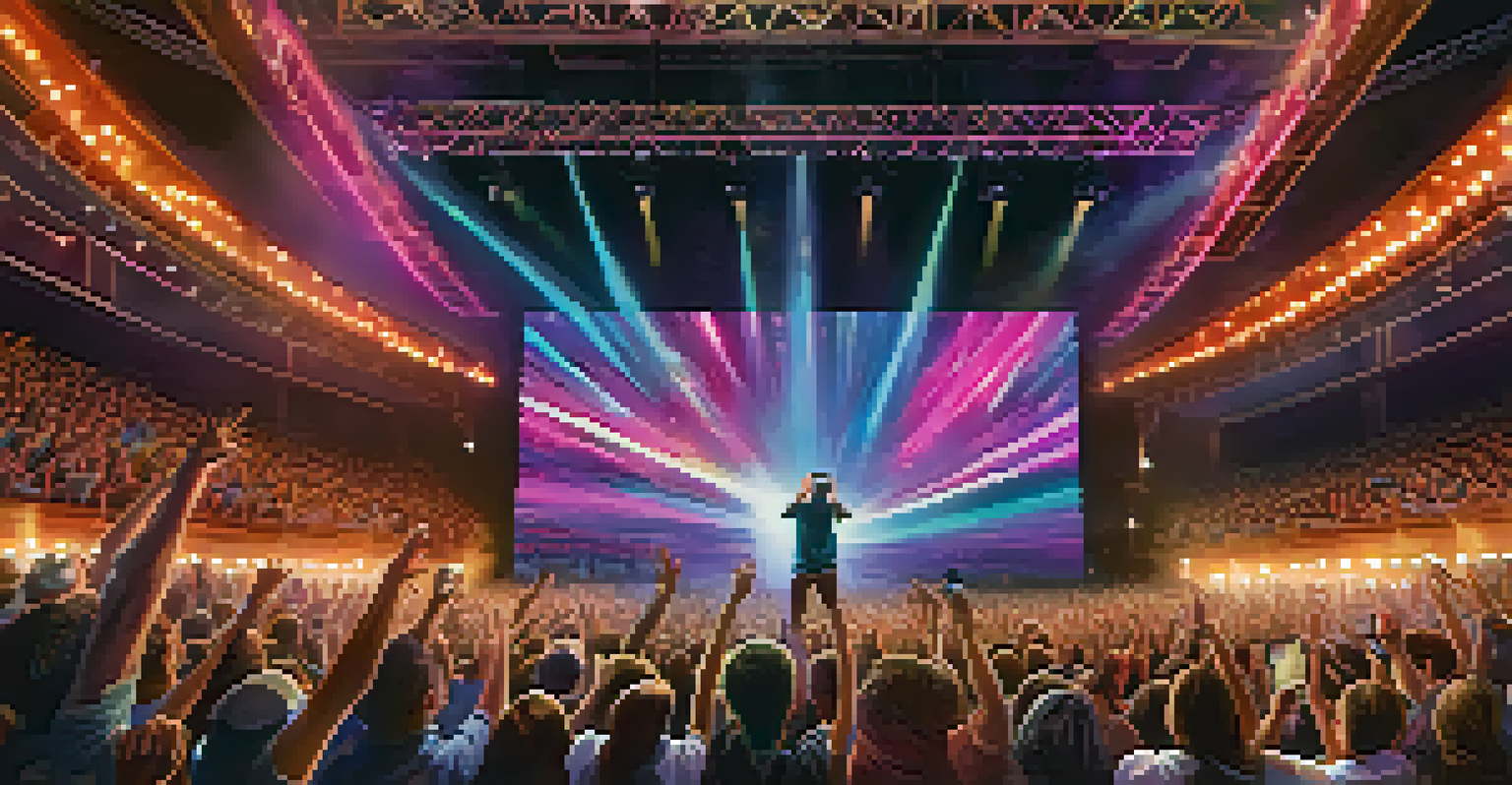 An artist on stage performing in front of an enthusiastic audience, with bright lights and visuals enhancing the show.