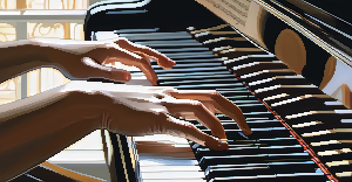 A pianist's hands playing a grand piano, with sheet music and a metronome, illuminated by warm light from a window.