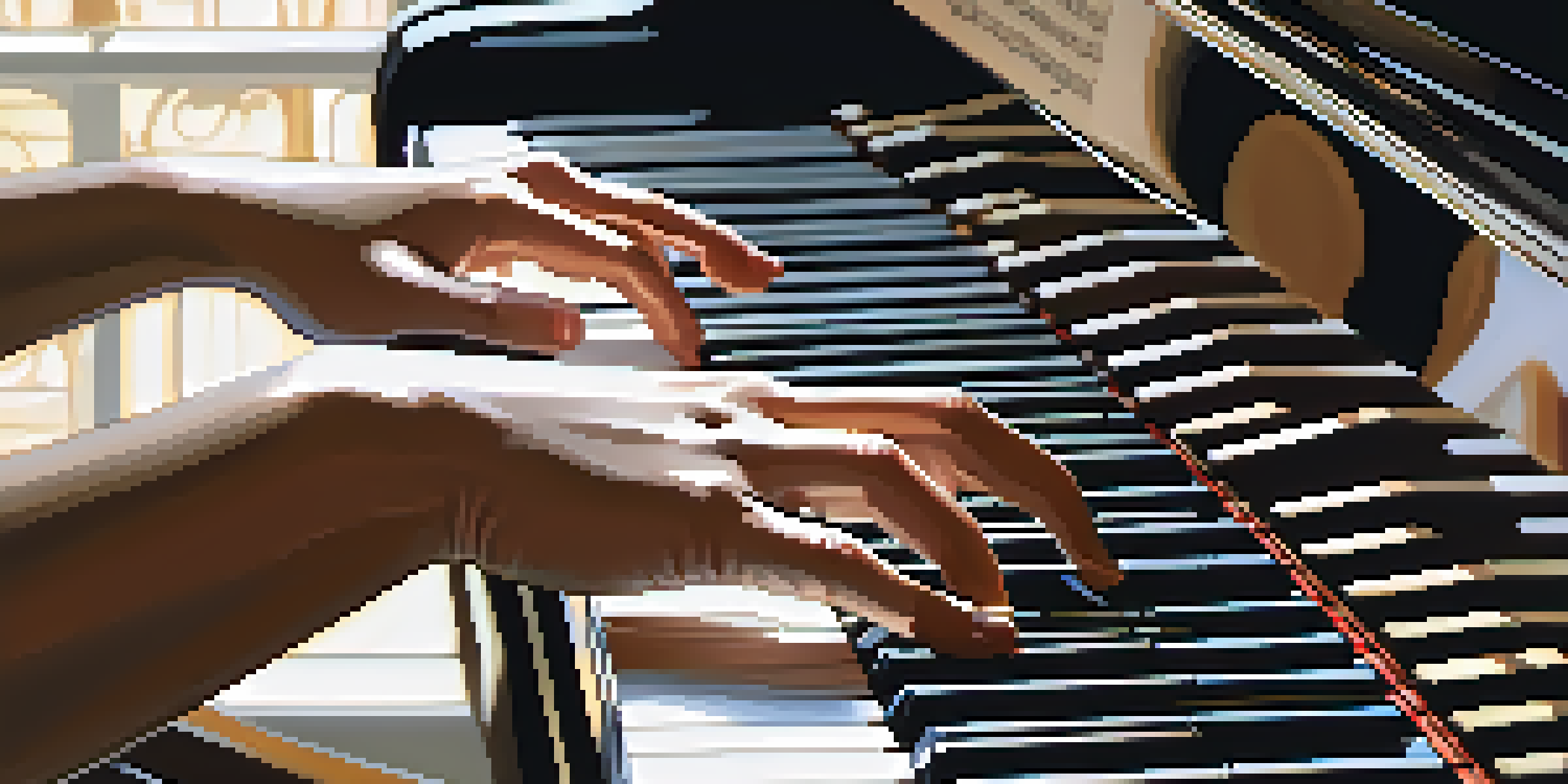 A pianist's hands playing a grand piano, with sheet music and a metronome, illuminated by warm light from a window.