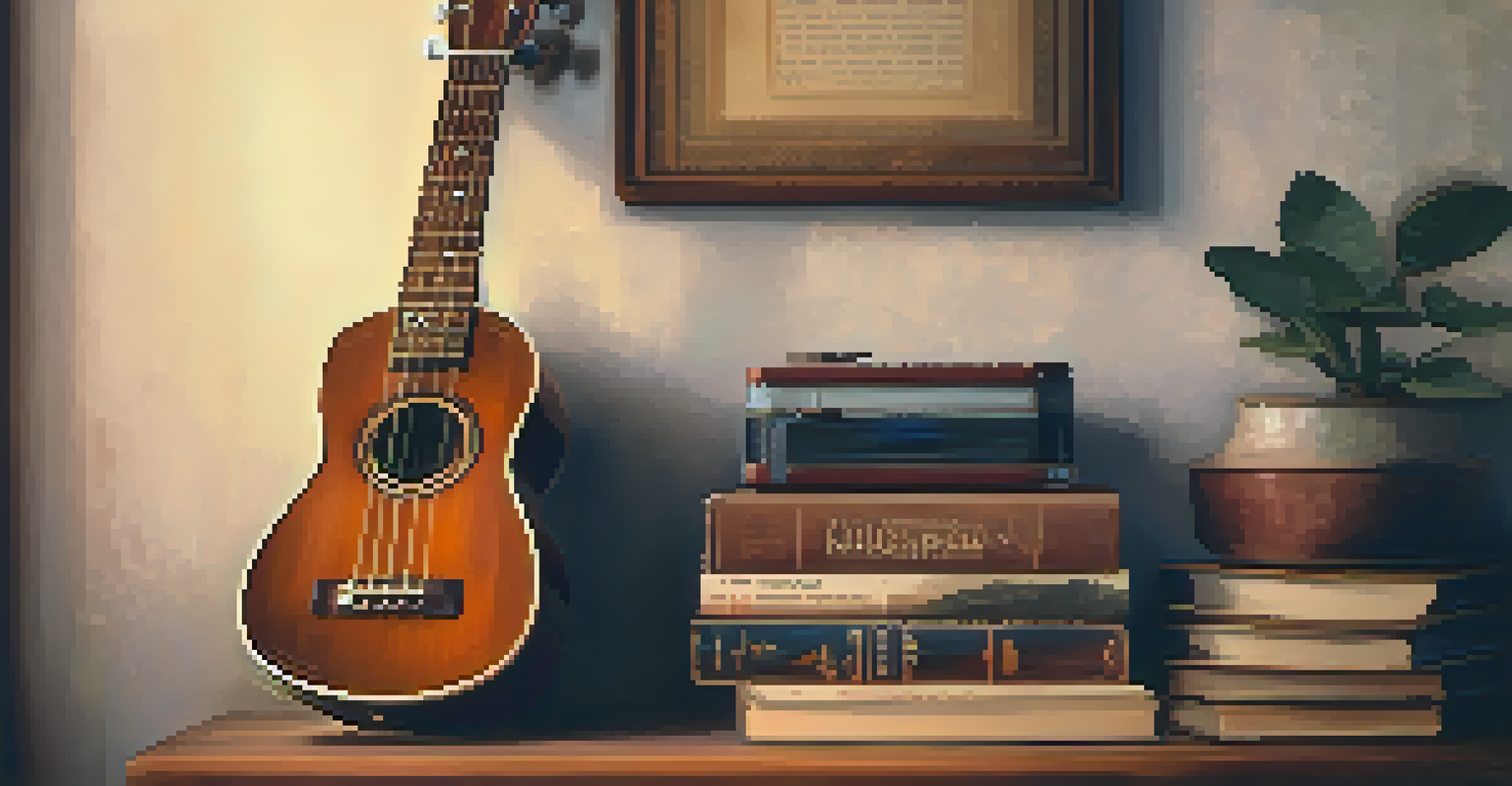 A vintage ukulele next to a stack of music books and a coffee cup, illuminated by soft light.