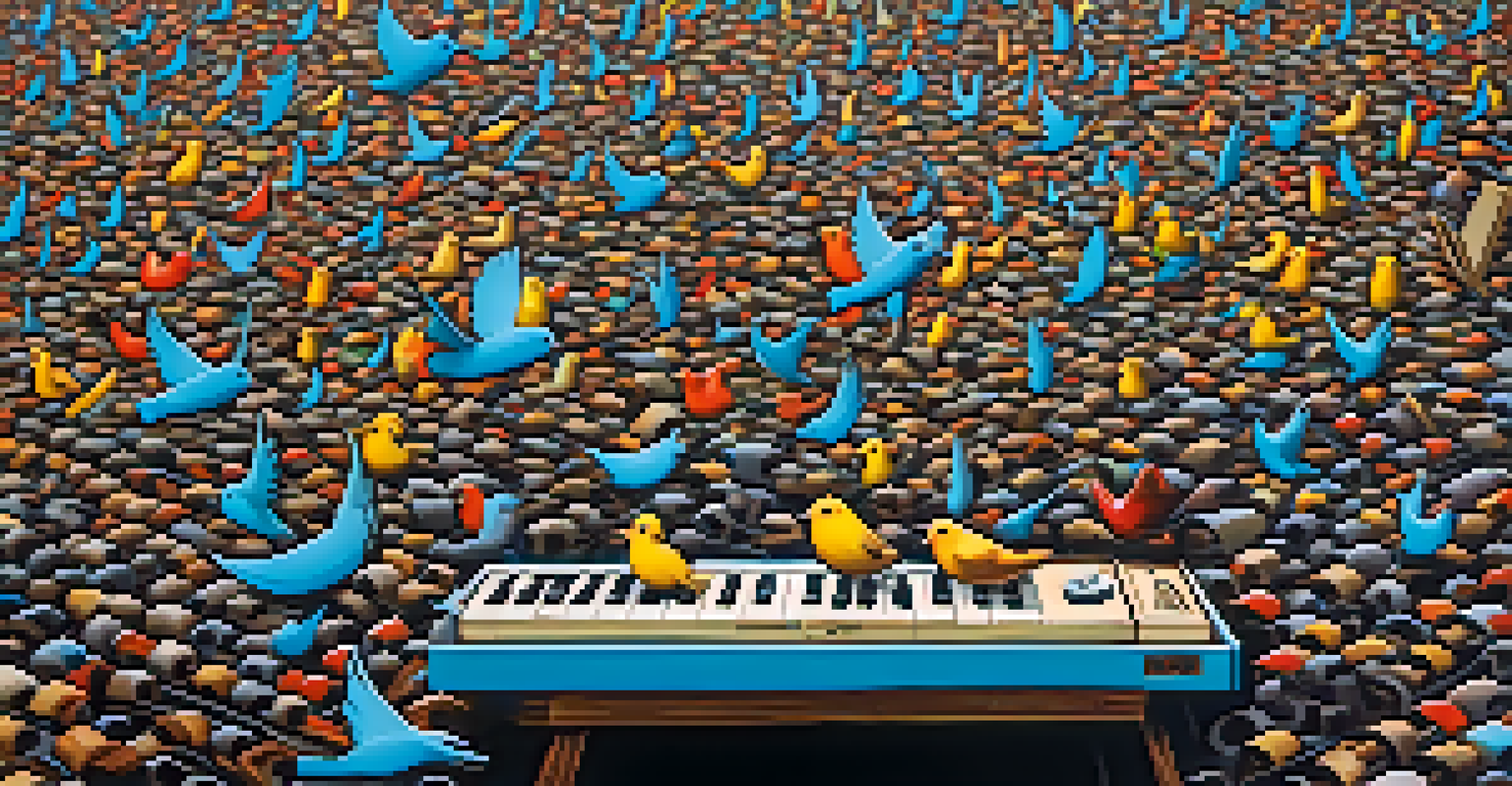 An artistic representation of a Twitter feed with music hashtags and colorful musical notes.
