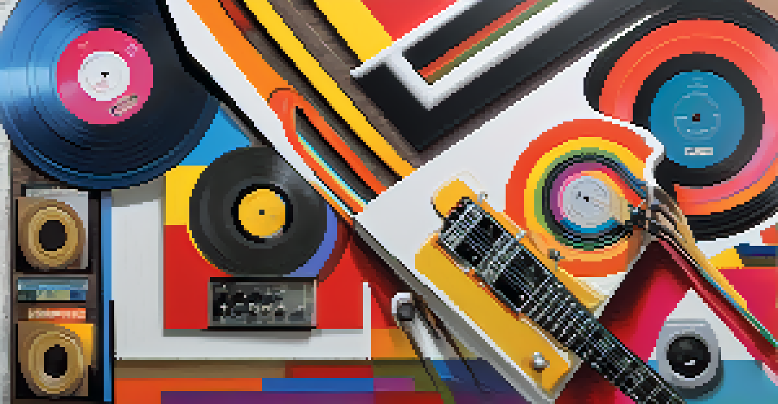 An abstract music album cover showcasing a fusion of different music styles with colorful shapes, guitars, and vinyl records.