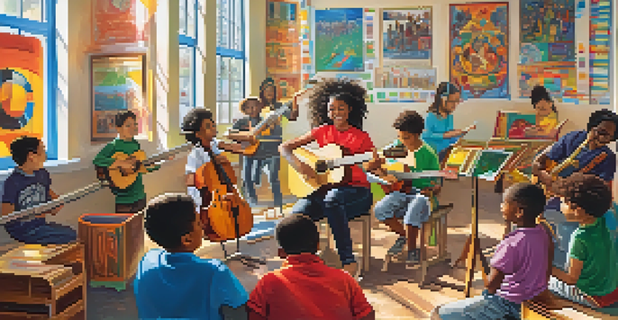 A diverse group of students in a colorful classroom, collaborating on a music project with various instruments, under warm sunlight.