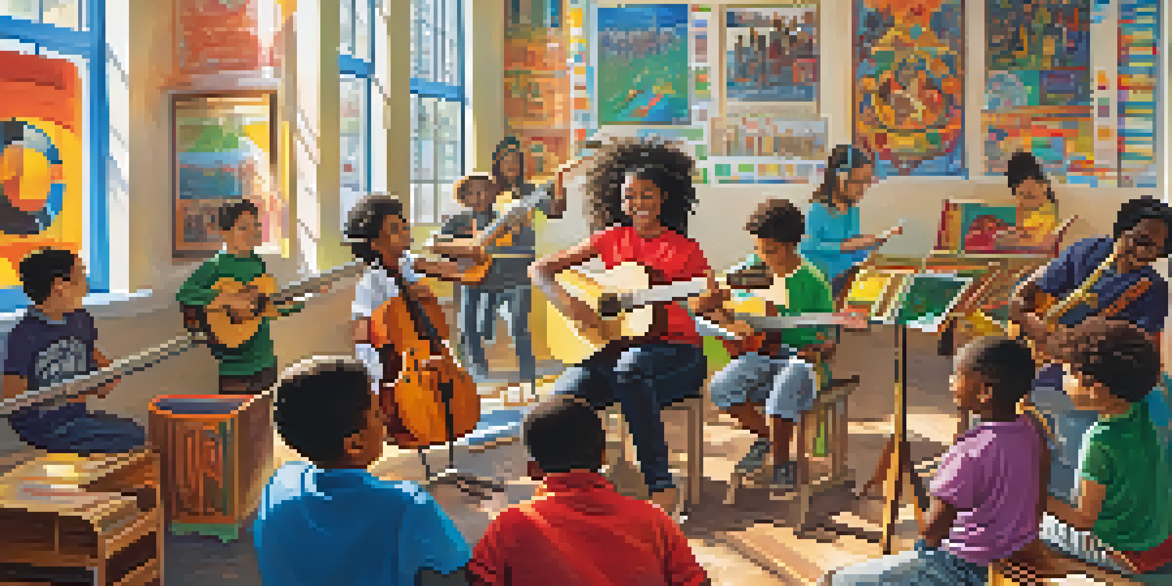 A diverse group of students in a colorful classroom, collaborating on a music project with various instruments, under warm sunlight.